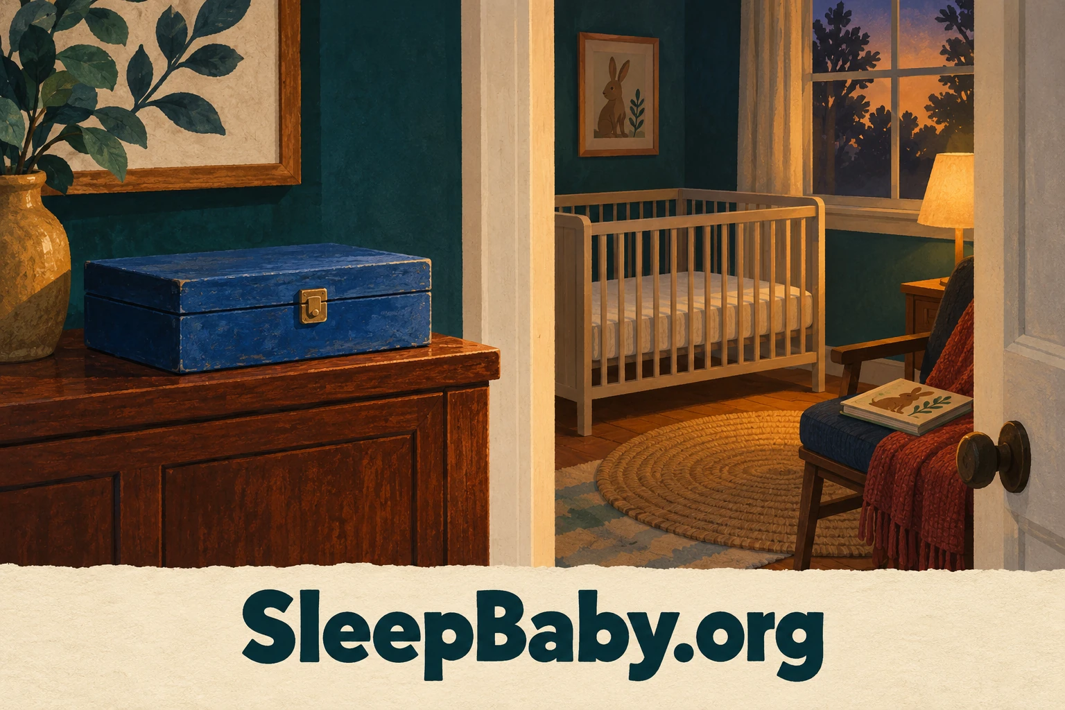 A closed art box sits outside a nursery with an empty crib containing only a fitted sheet.