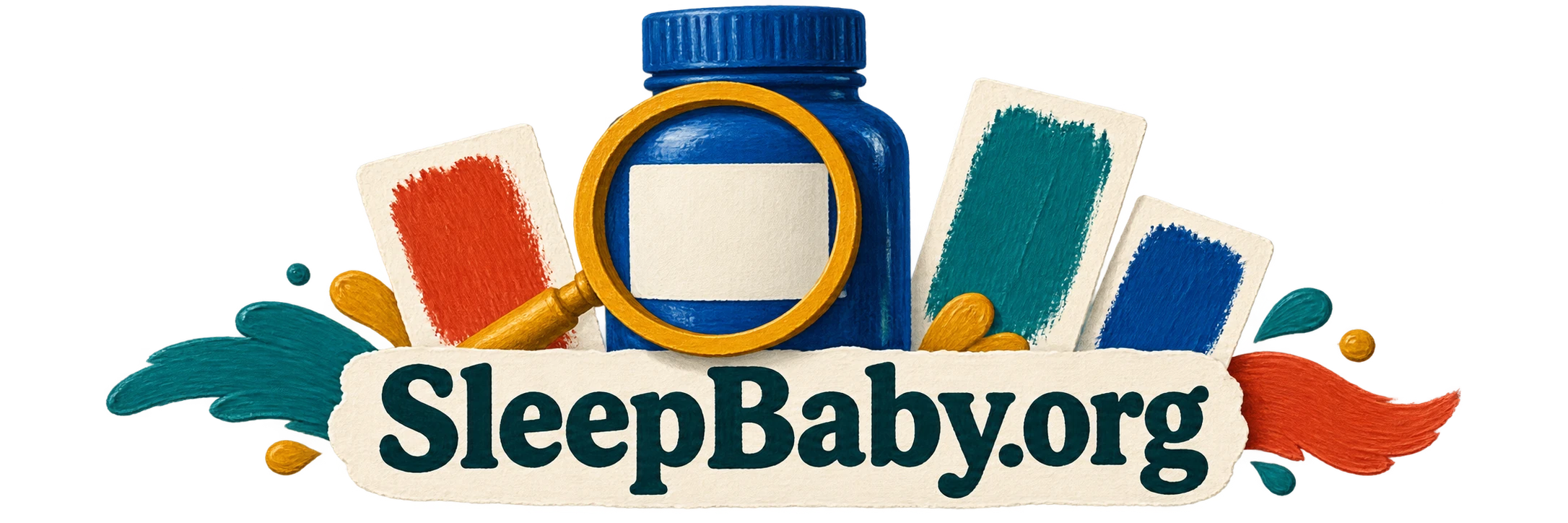 A magnifier frames a paint-bottle label beside color swatches on a transparent background.