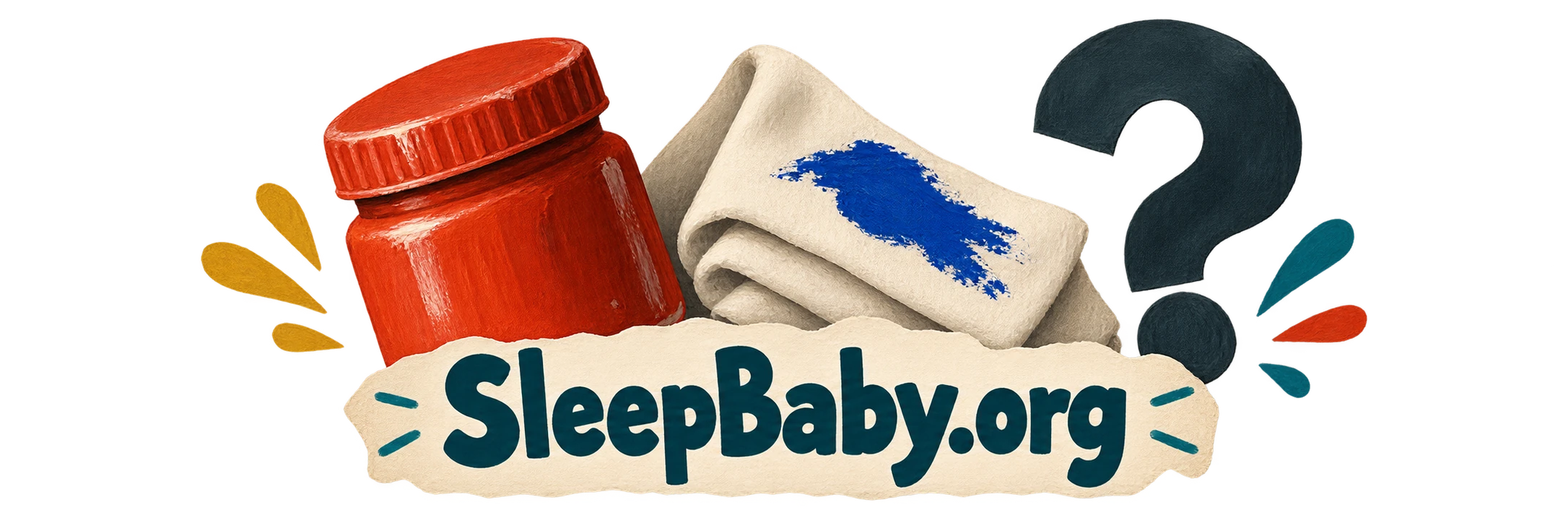 Closed red paint pot, a paint-marked cloth and a question mark on a transparent background.
