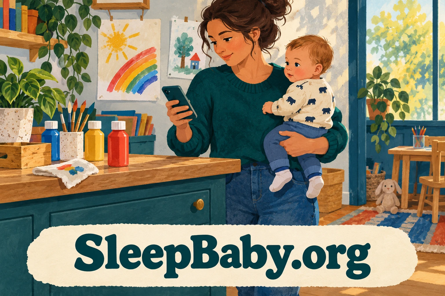 Illustration of a parent holding an awake baby while checking a phone beside capped paint supplies.