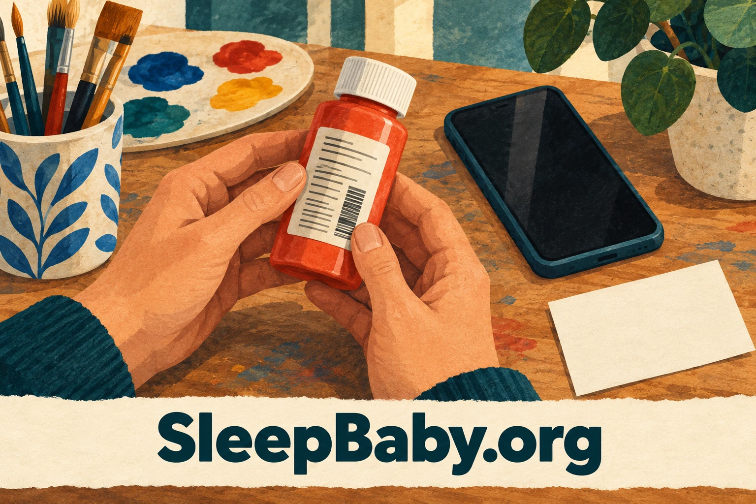Adult hands hold a closed paint bottle beside a phone and blank note card.