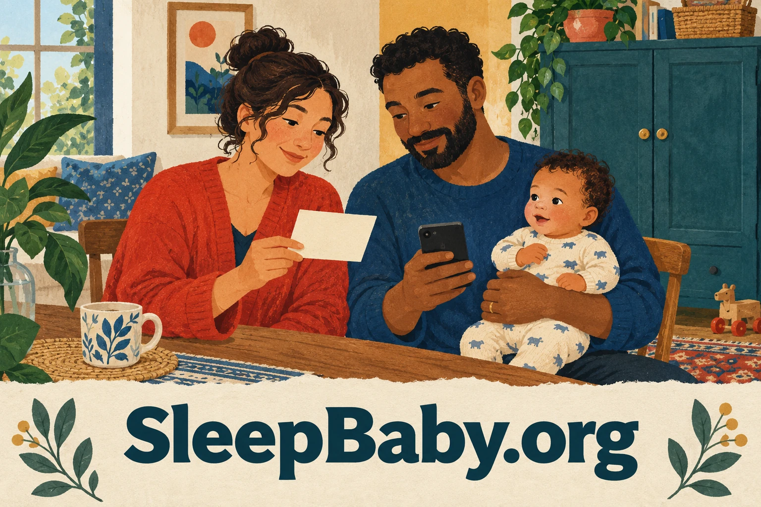Two caregivers review a note and phone while one holds their alert baby.