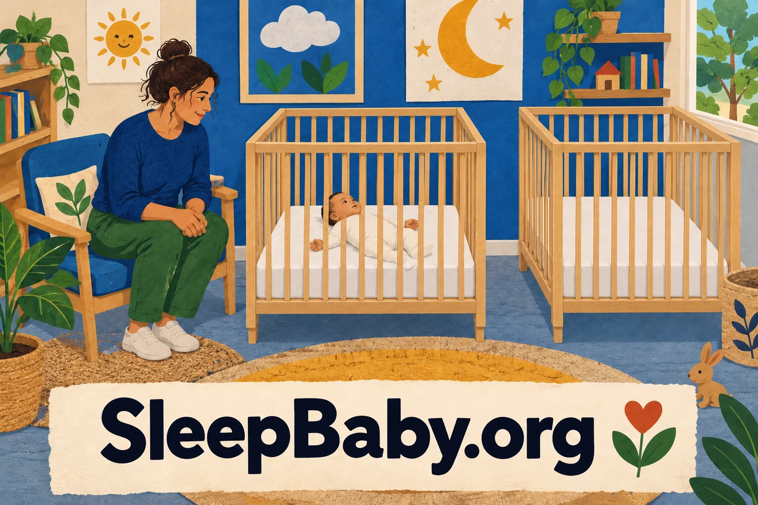 An awake practitioner watches a baby lying on their back in a clear cot, with another empty cot beside it.