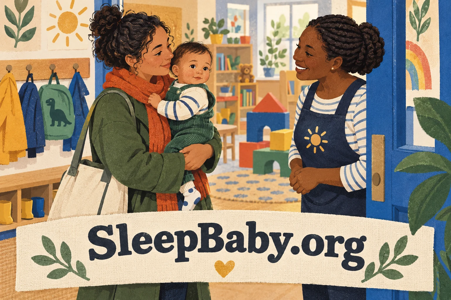 A parent holding an awake baby greets a nursery practitioner at an open door.