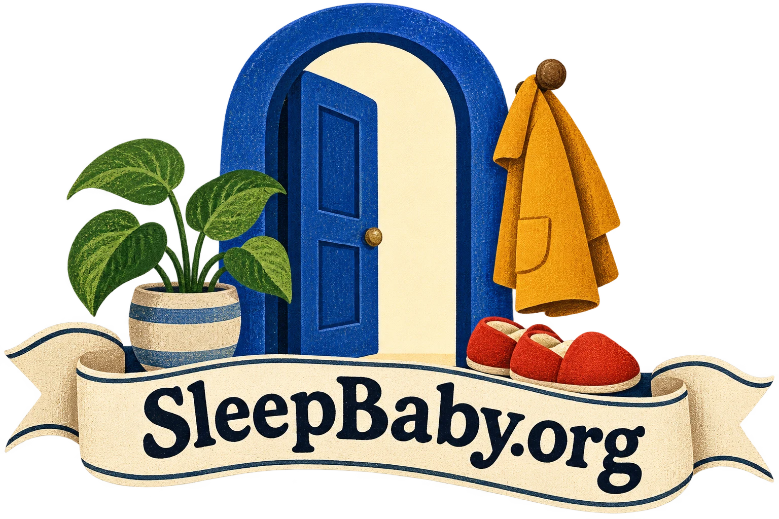A home doorway, coat, slippers and plant frame a SleepBaby.org ribbon.