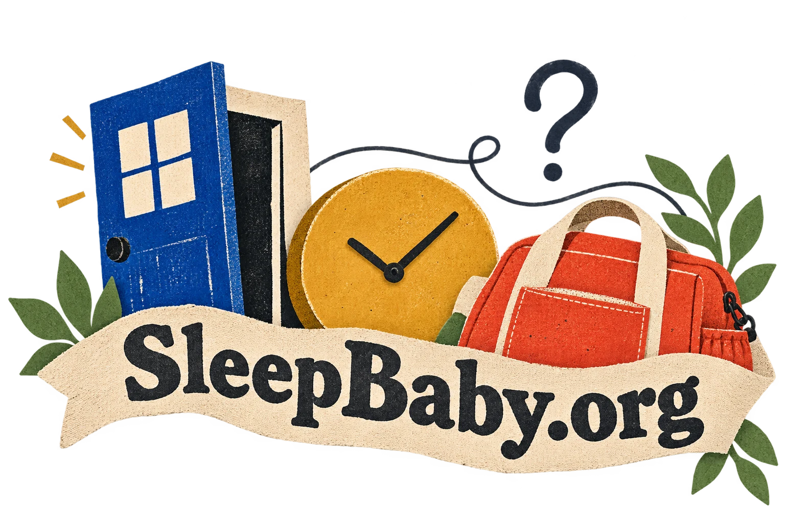 An open nursery door, clock and changing bag frame a SleepBaby.org fabric ribbon.