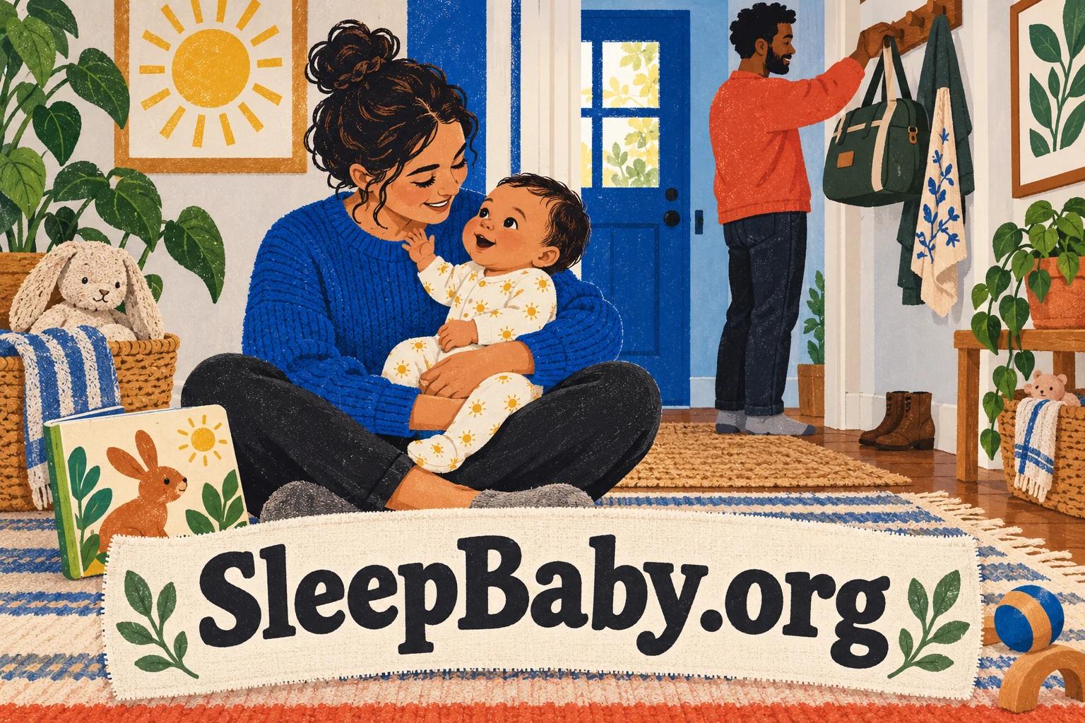 An awake parent cuddles an awake baby on the floor while another adult hangs up the nursery bag.