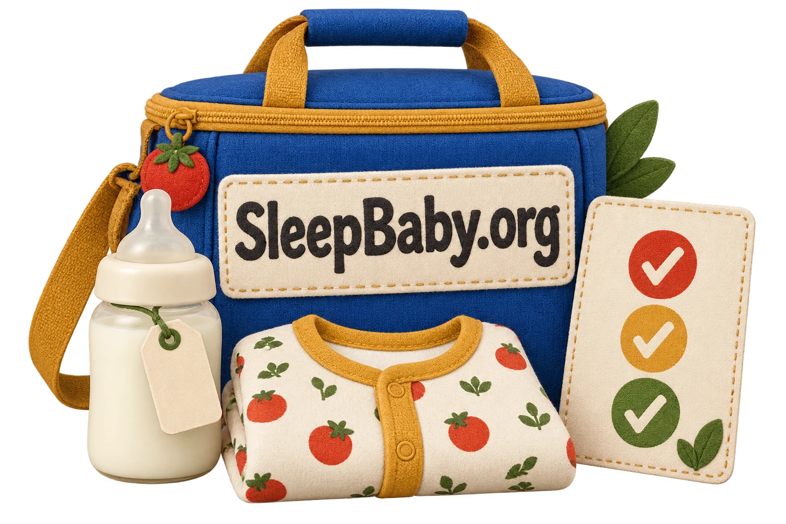 An insulated bag, capped bottle, spare clothes and a simple checklist form a nursery packing illustration.