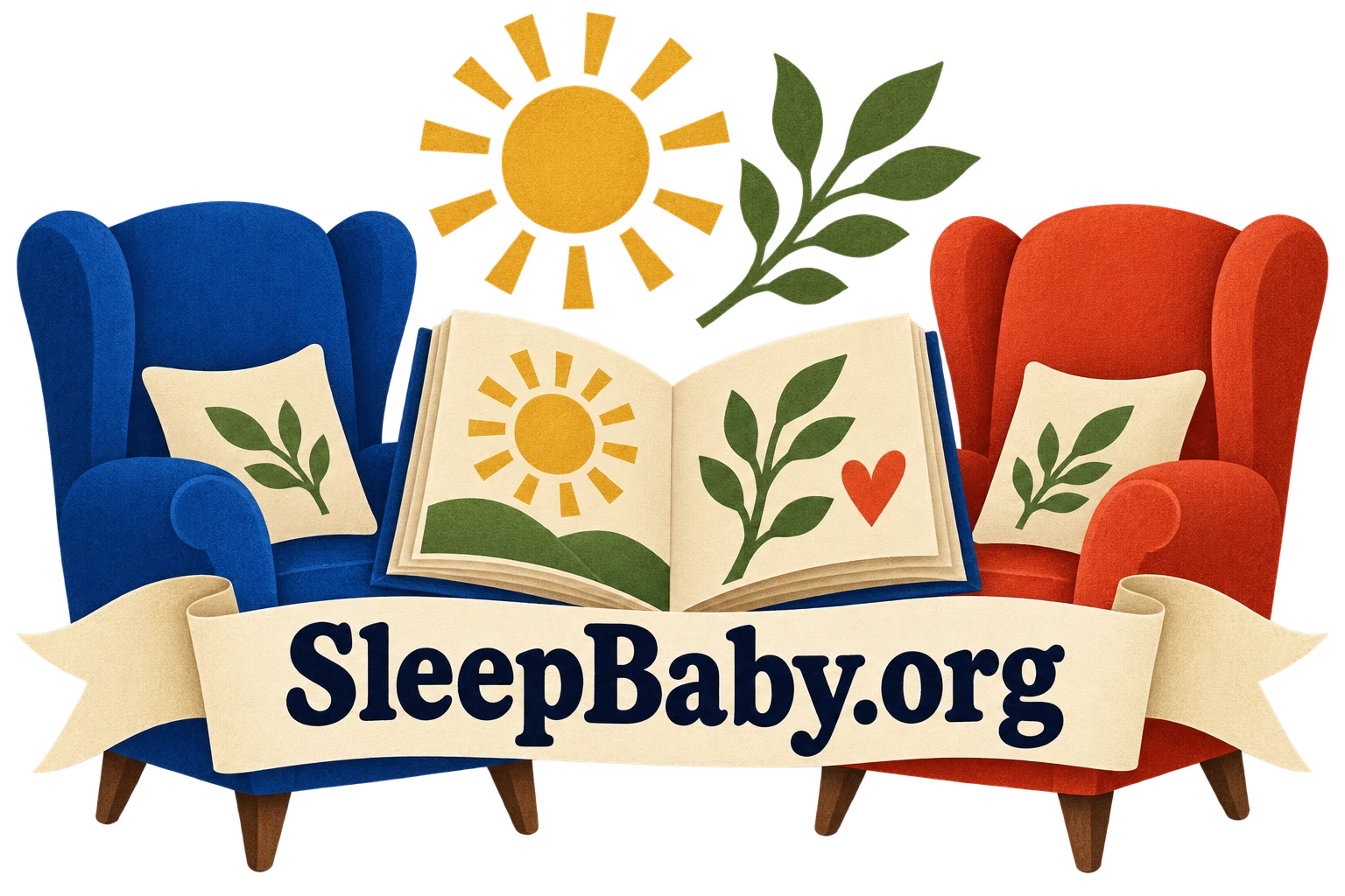 Two chairs and an open picture book sit beneath a sun and a SleepBaby.org ribbon.