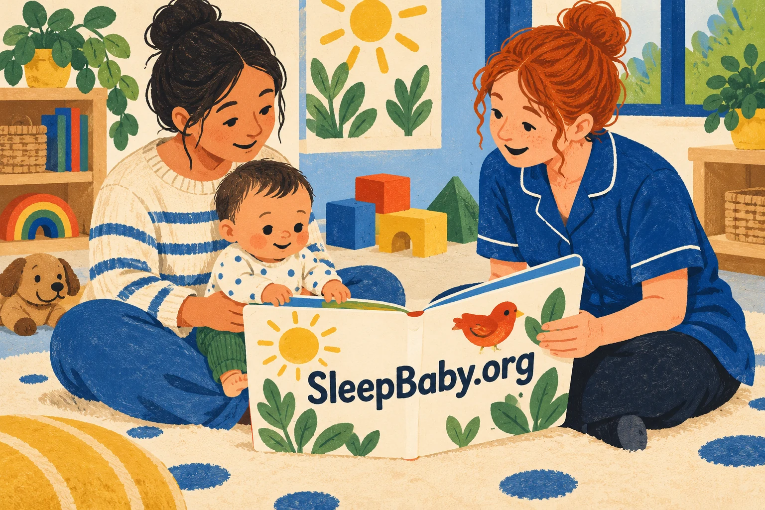 A parent supports an awake baby while a nursery practitioner shares a large picture book at floor level.