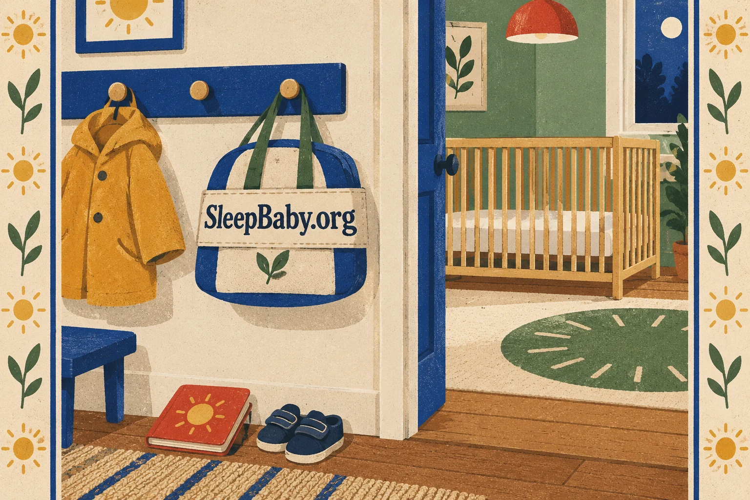 A nursery bag and coat hang on hallway pegs near a doorway showing an empty clear cot.