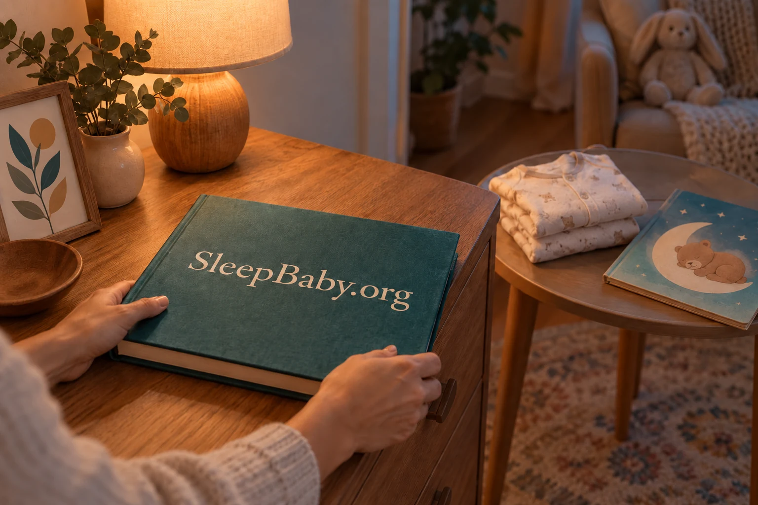 An adult closes a teal sketchbook while folded pajamas and a picture book wait on a separate side table. SleepBaby.org appears in the artwork.