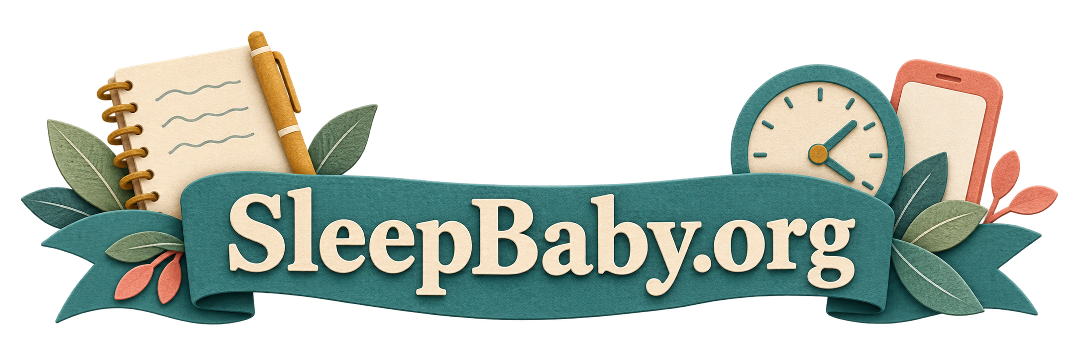 A notebook, pen, clock and phone on a transparent background. SleepBaby.org appears in the artwork.
