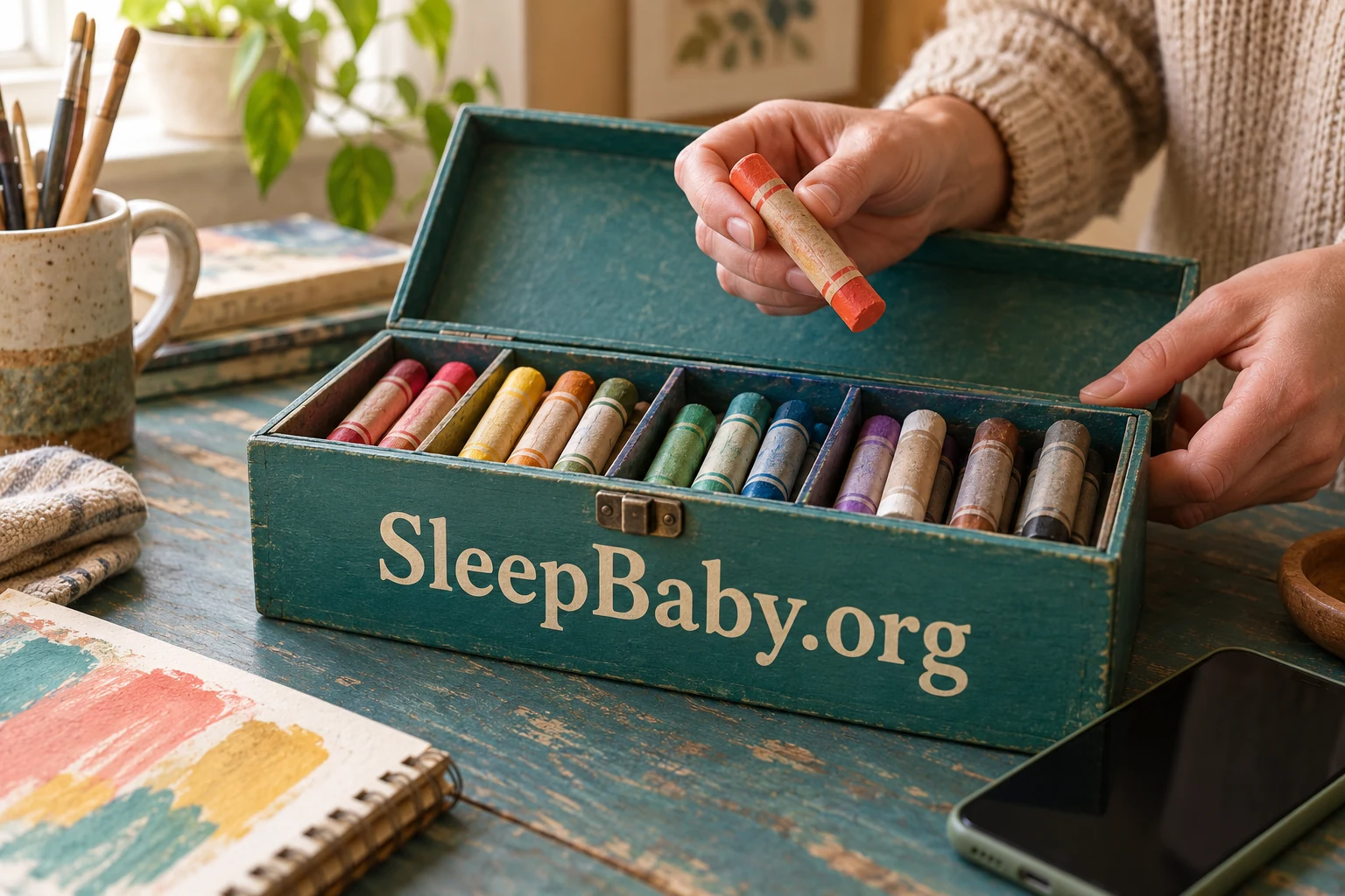 Adult hands examine an oil pastel above its open case beside a phone. SleepBaby.org appears in the artwork.