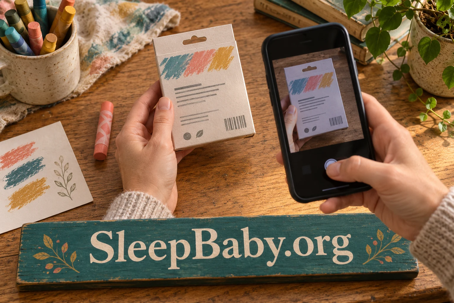 Adult hands photograph the back of an imaginary pastel packet; its abstract markings are not safety evidence. SleepBaby.org appears in the artwork.