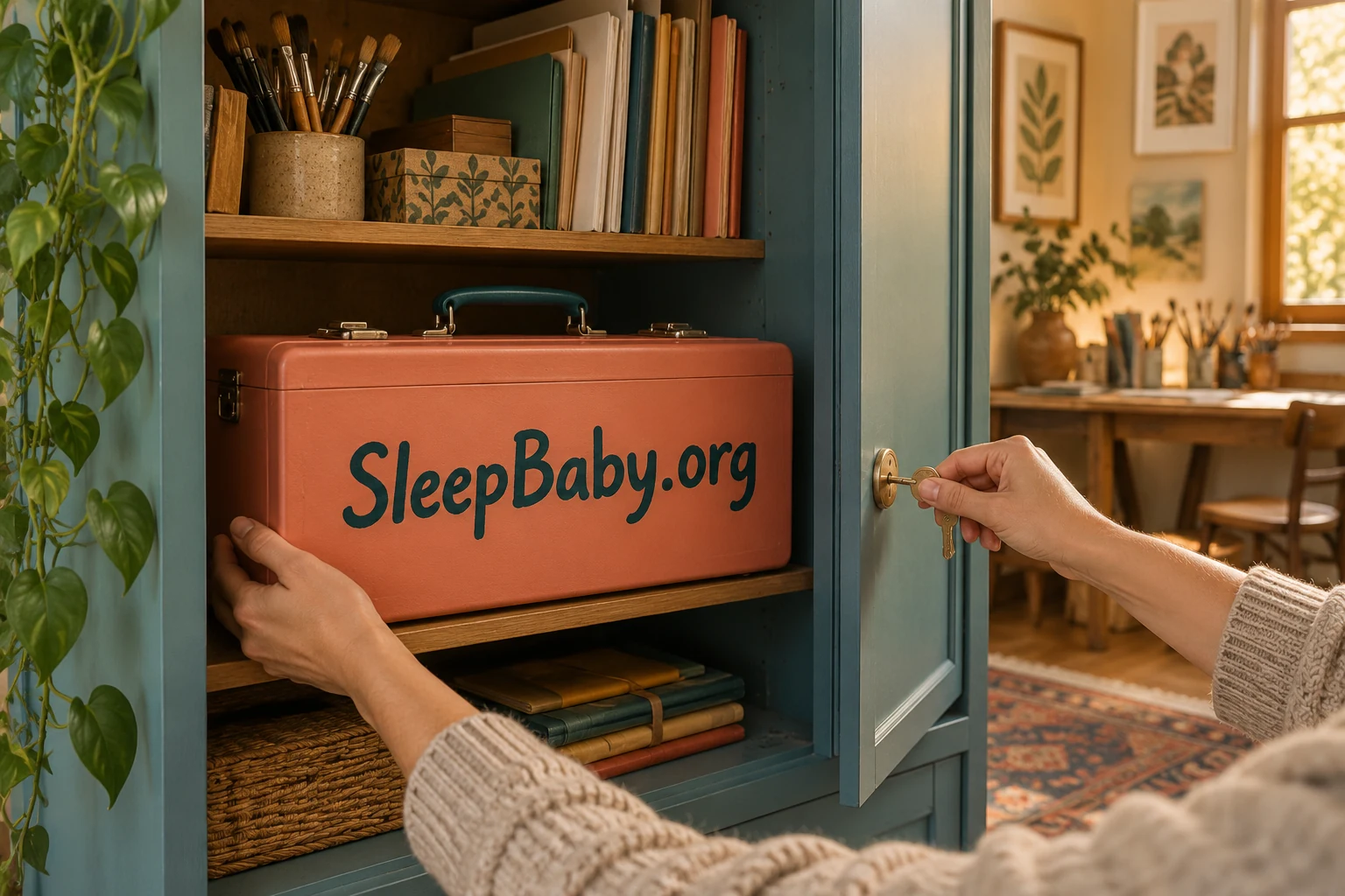 An adult places a closed pastel case inside a cabinet with a key-operated door lock. SleepBaby.org appears in the artwork.
