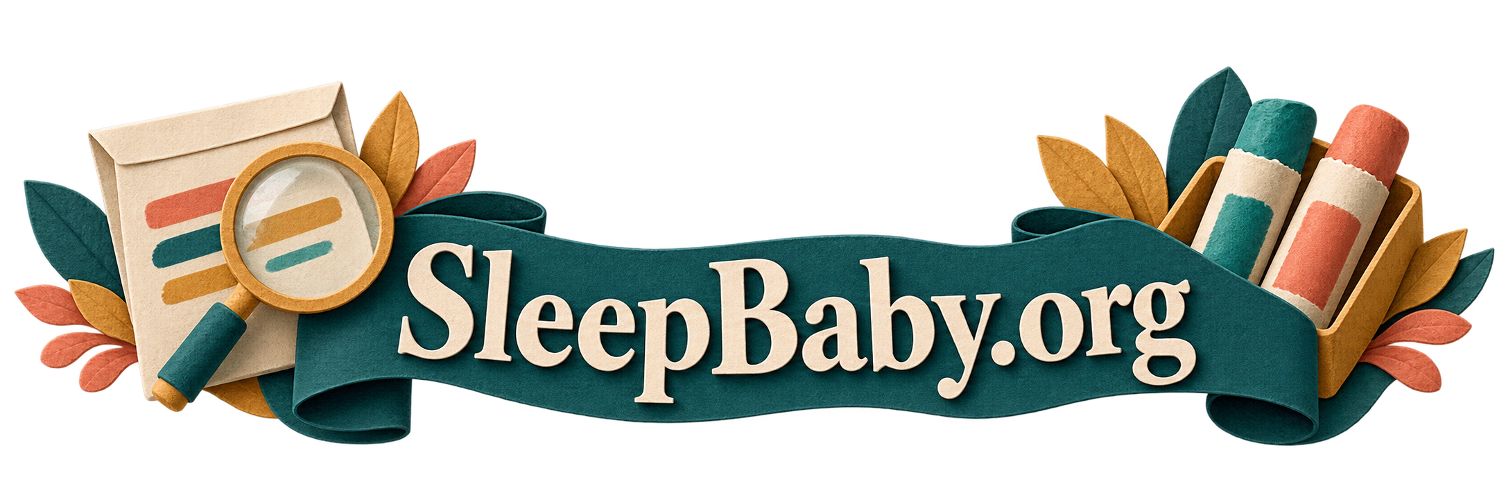 A generic label, magnifying glass and pastel holder on a transparent background. SleepBaby.org appears in the artwork.