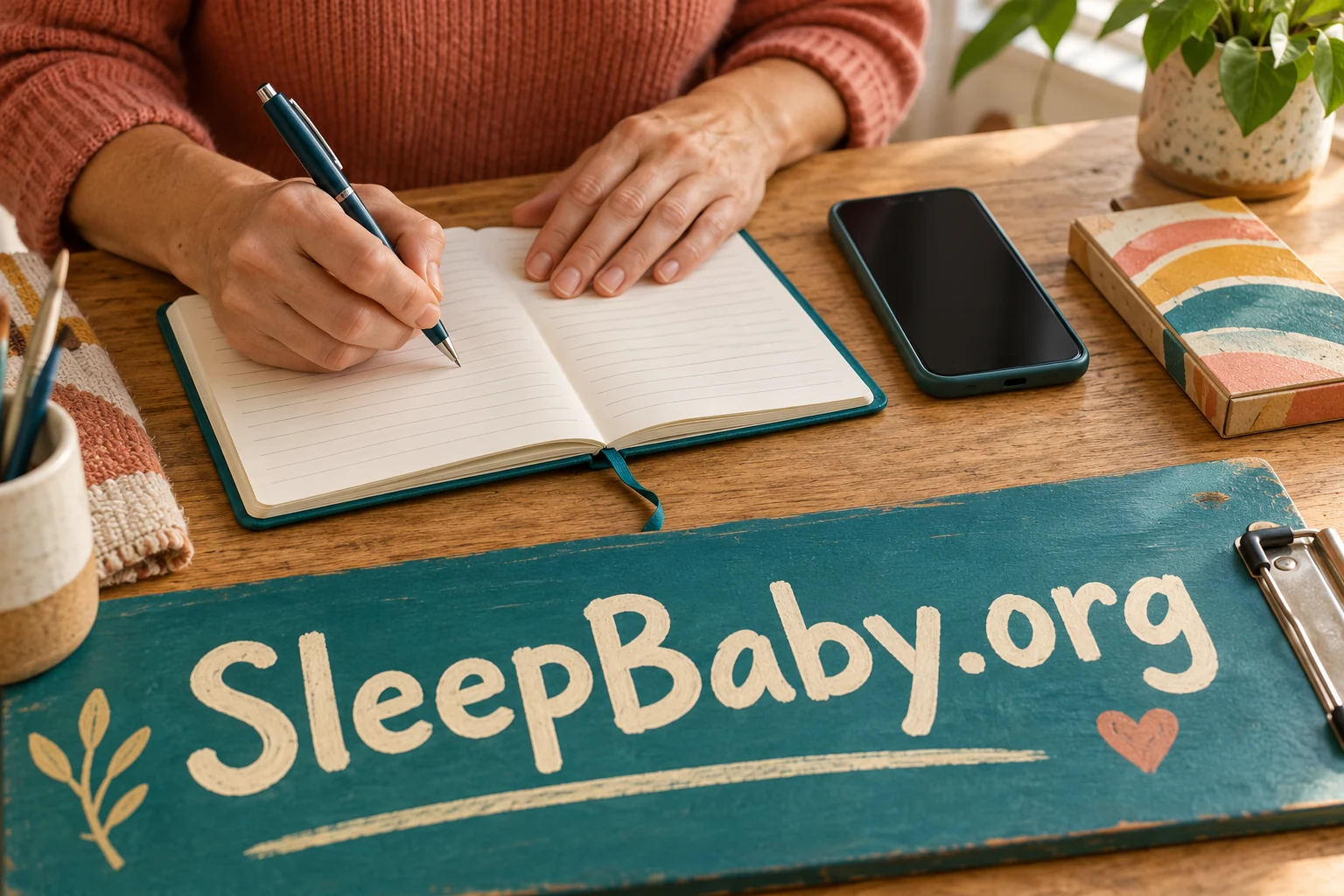 An adult writes in a notebook beside a phone and a closed art-materials packet. SleepBaby.org appears in the artwork.