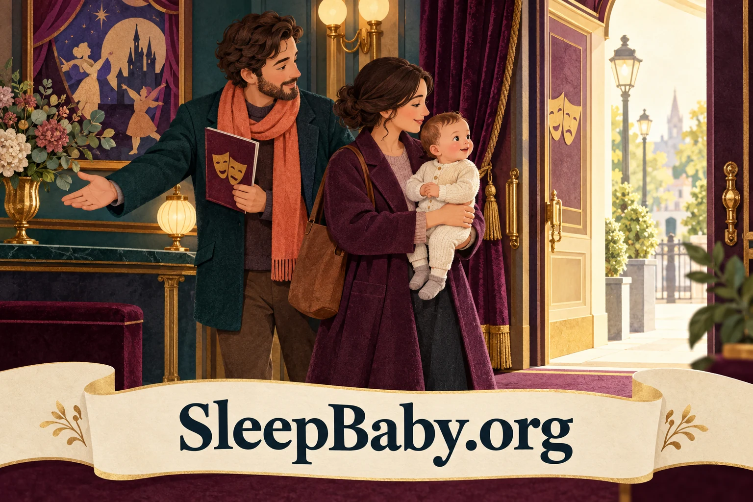 Two adults and an awake infant stand in an imagined theatre foyer beside an open exterior door.