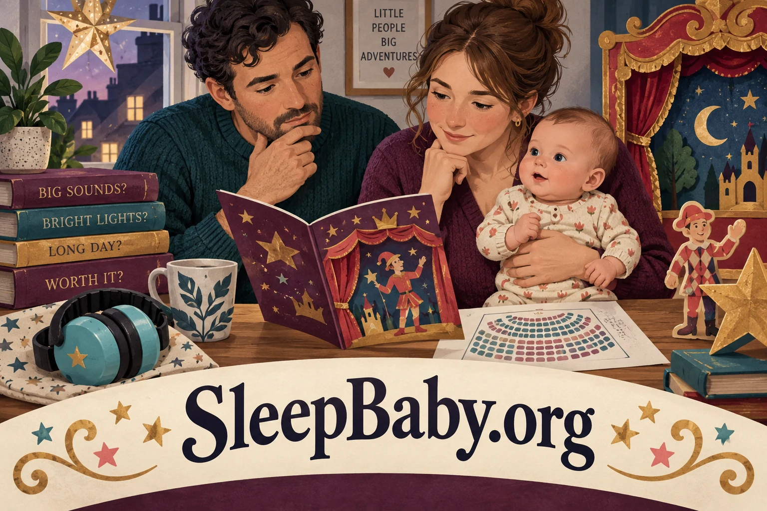 Two adults consider a theatre programme and seating plan at home while one holds an awake infant.