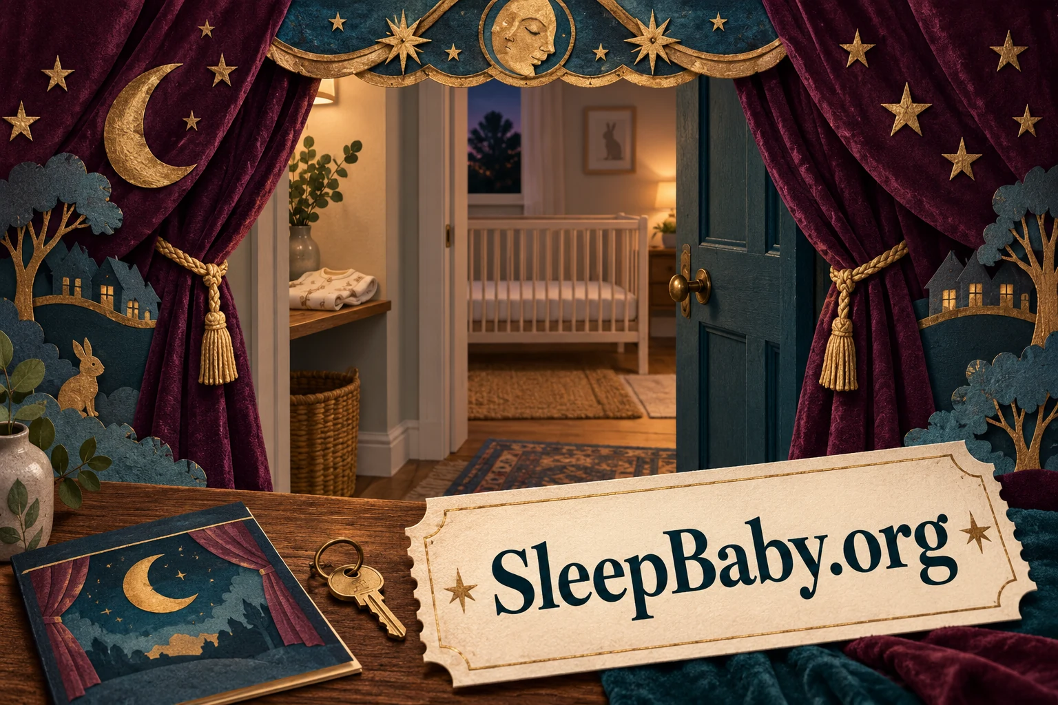 A toy-theatre arch frames an ordinary home doorway and an empty clear cot, with a programme and keys in the foreground.