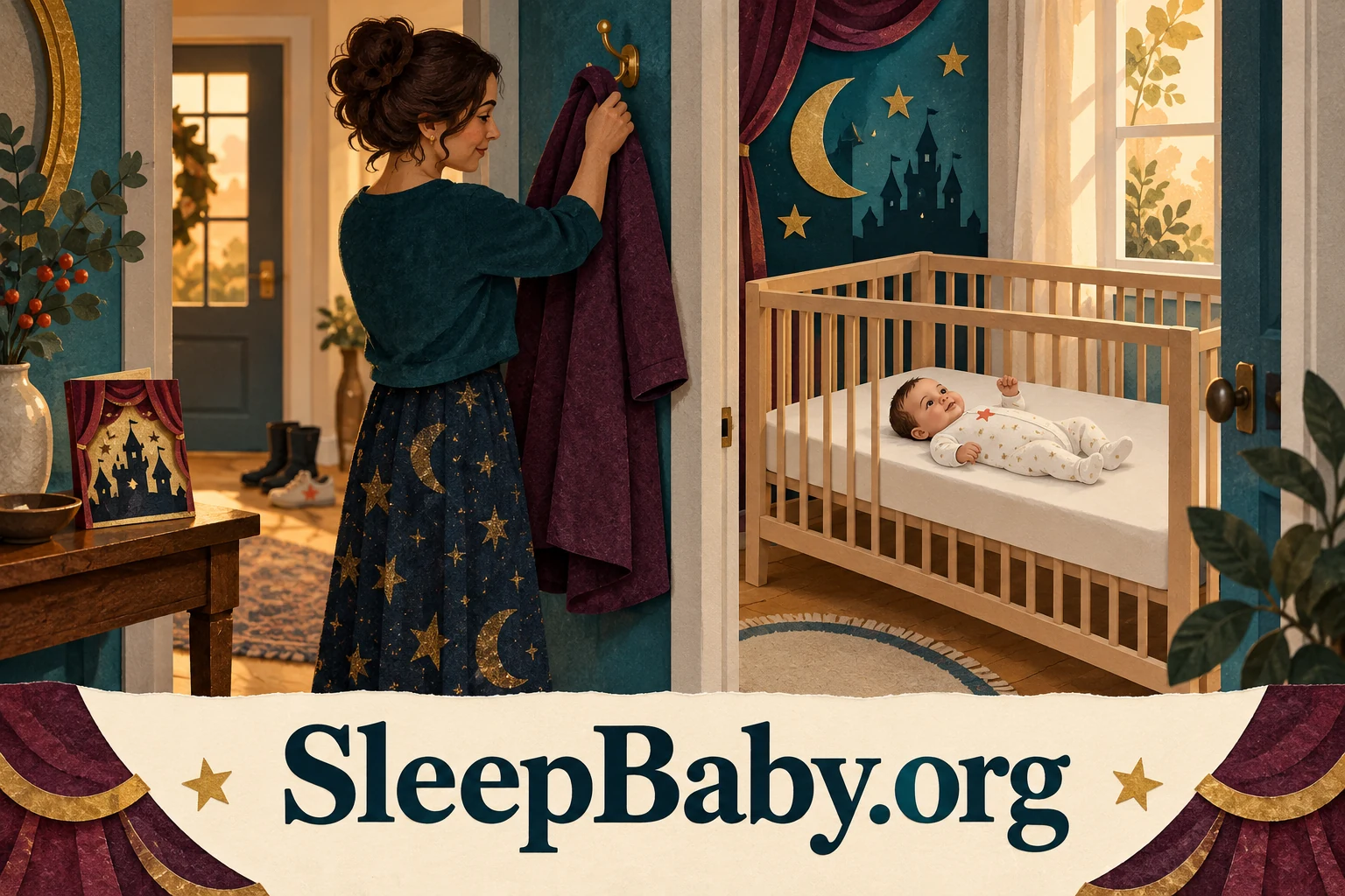 An awake parent hangs up a coat near a baby lying on their back in a clear cot.