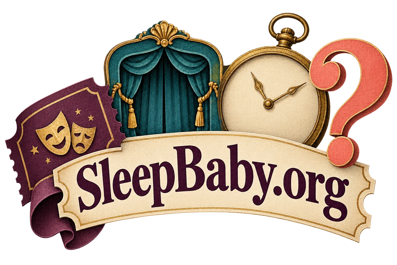 A theatre ticket, closed curtain, clock and question mark surround a SleepBaby.org paper band.