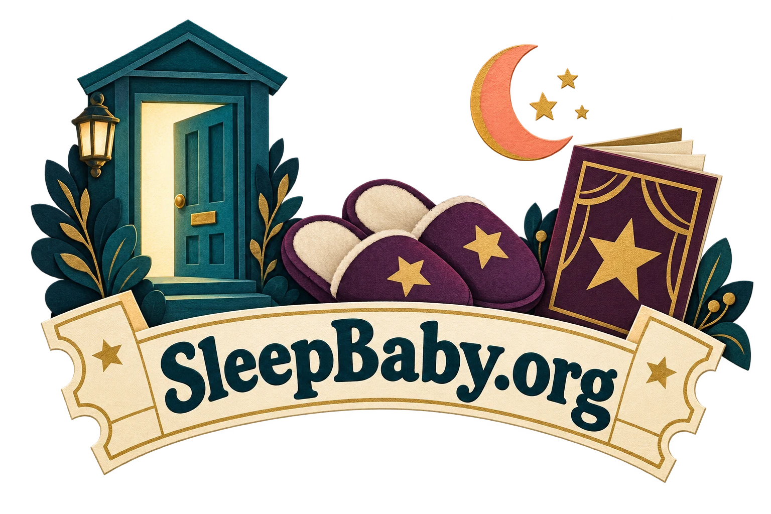 An open door, slippers, programme and crescent moon frame a SleepBaby.org ticket ribbon.