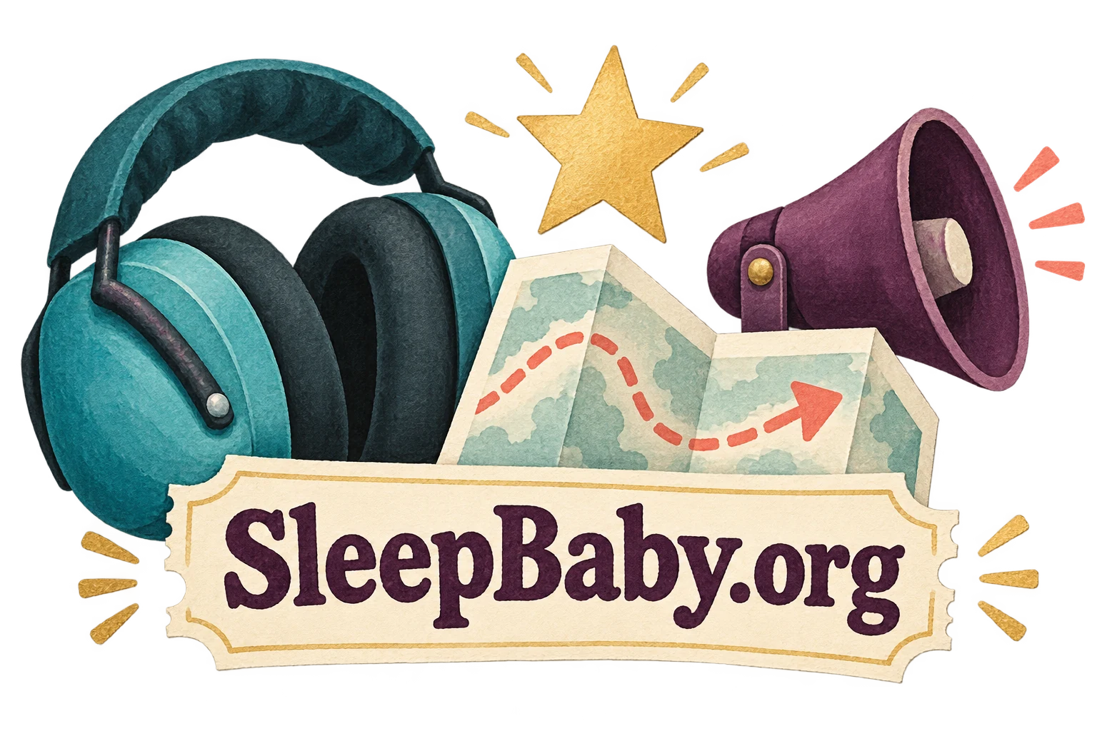 Protective earmuffs, a speaker, star and folded map frame a SleepBaby.org ticket band.