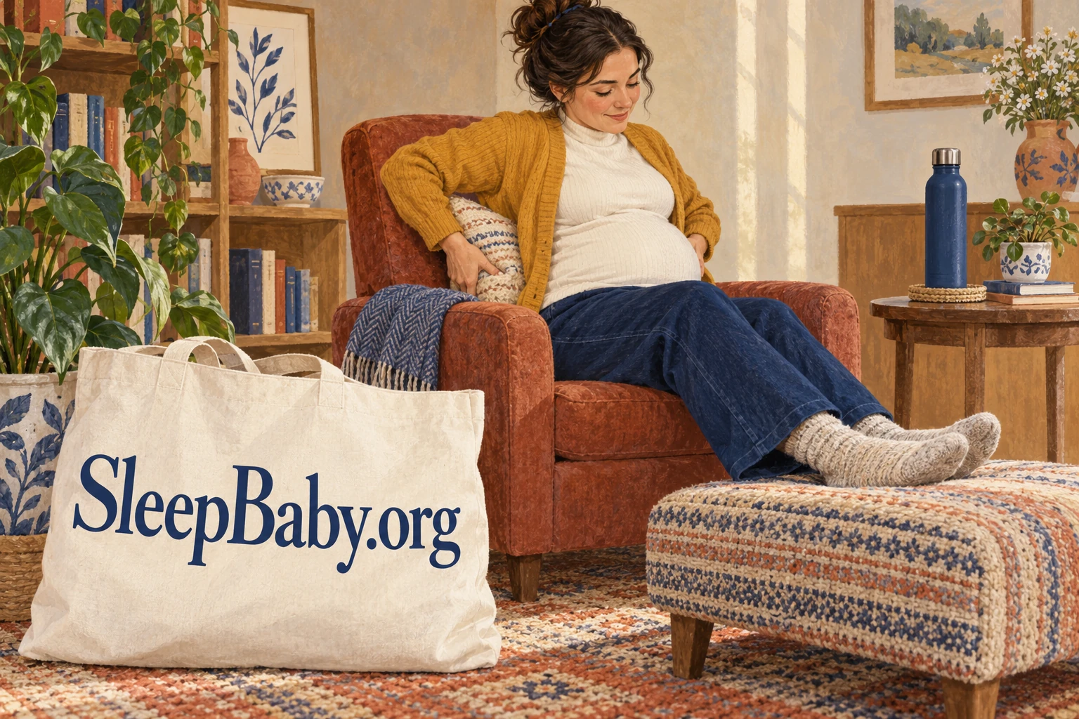 A fully clothed pregnant adult sits with back and foot support beside a SleepBaby.org tote.