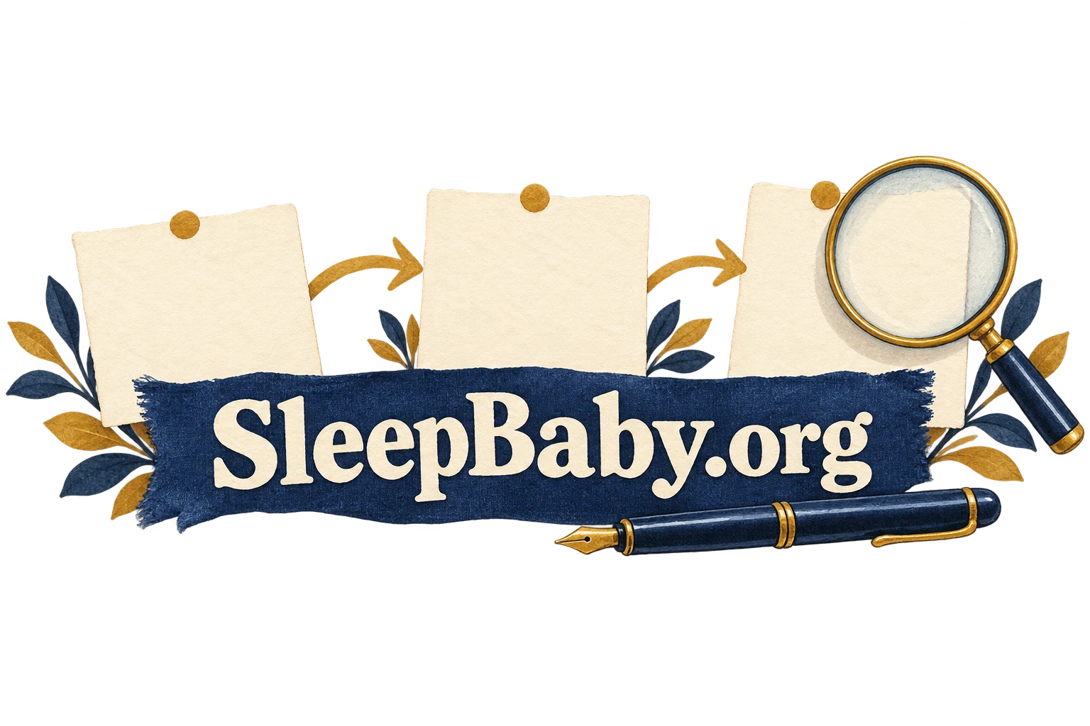 Note cards, pen and magnifying glass around a SleepBaby.org ribbon