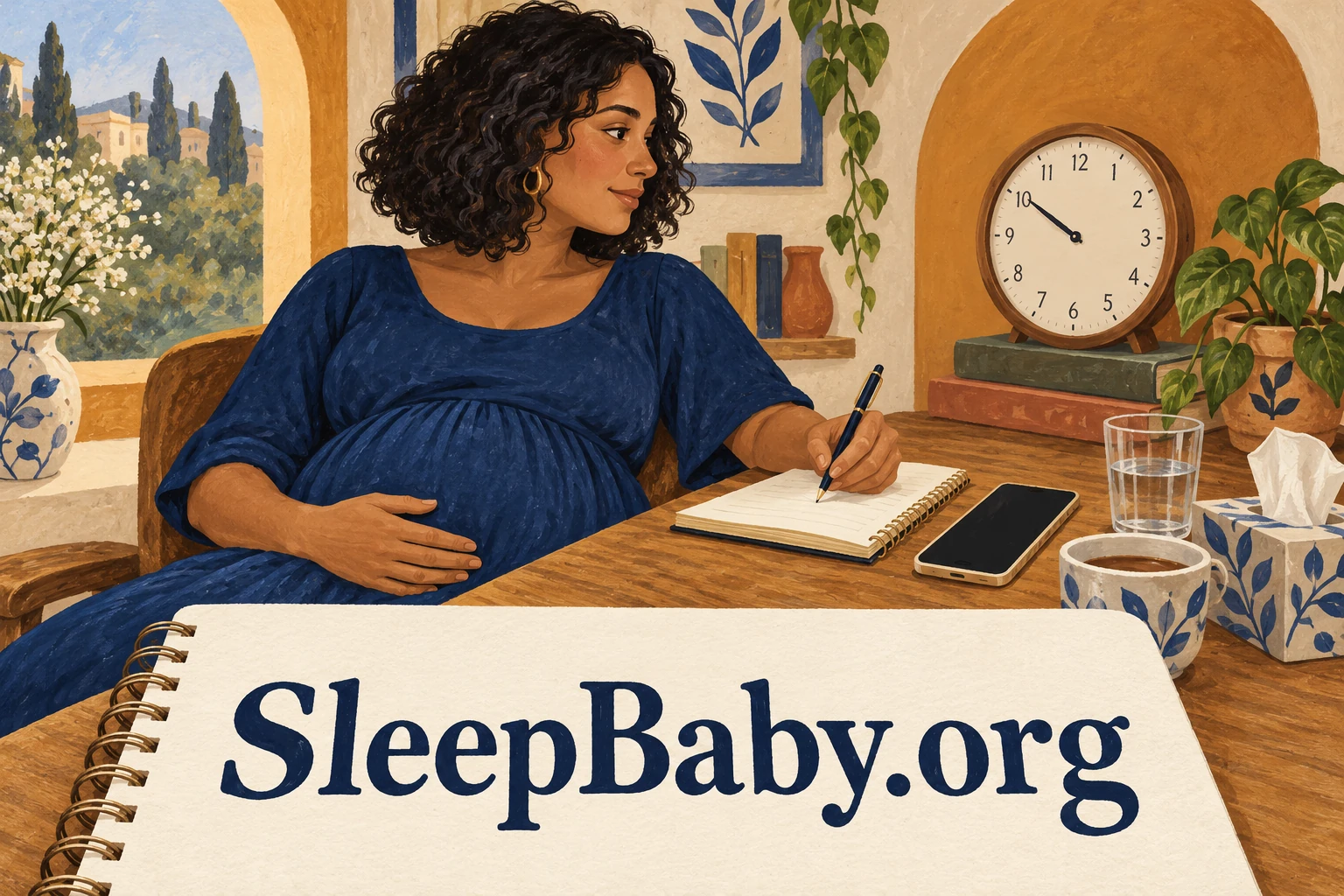 Pregnant woman noting symptoms beside a clock and water glass