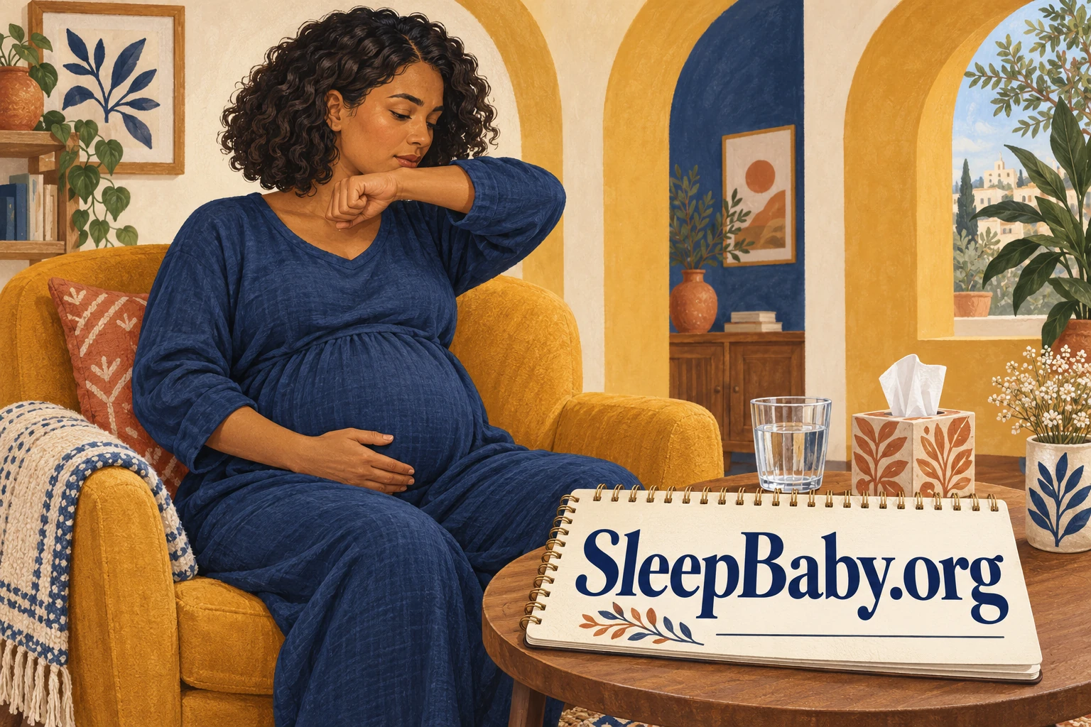 Pregnant woman gently supporting her belly while coughing into her elbow