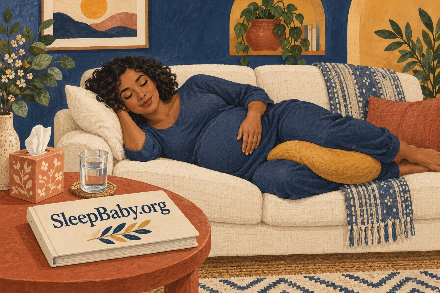 Pregnant adult resting on her side with a pillow between her knees