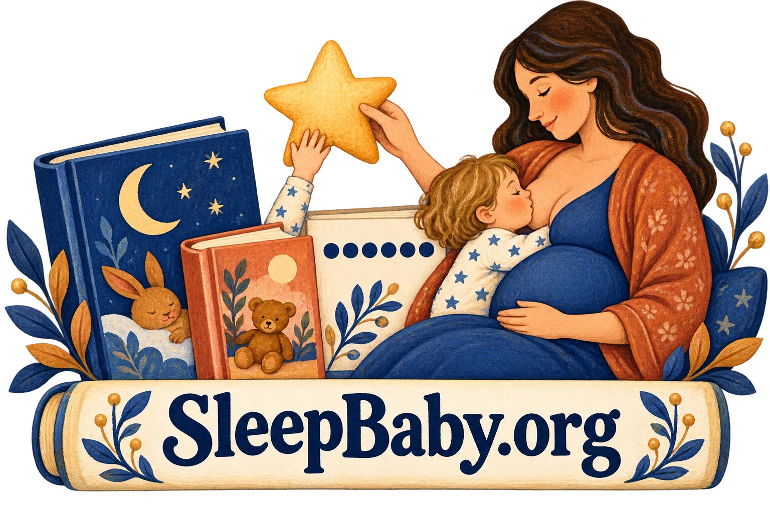 A pregnant parent holds a nursing toddler beside storybooks and a SleepBaby.org ribbon.