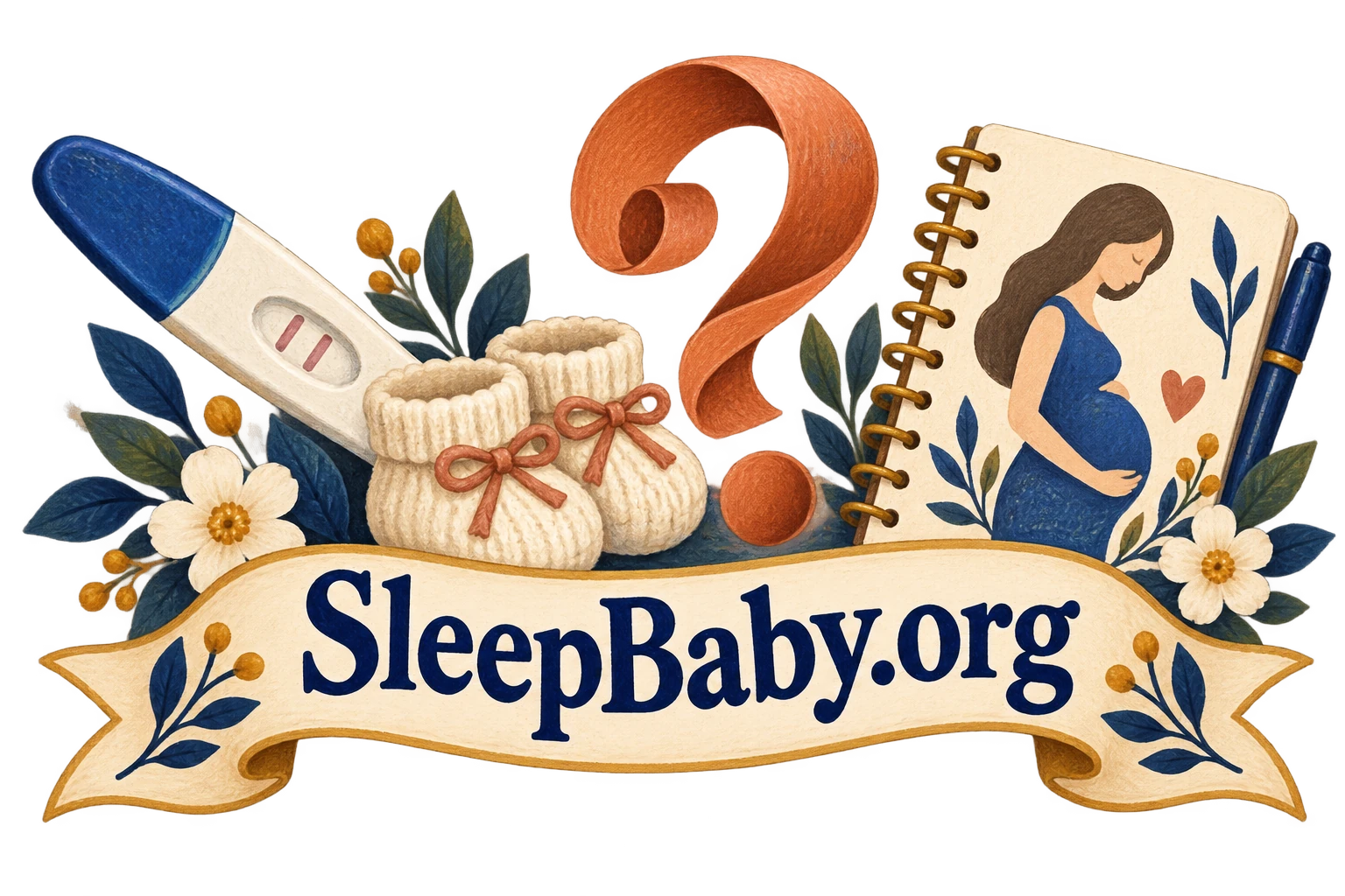 A pregnancy test, baby booties, question mark and illustrated notebook above a SleepBaby.org ribbon.