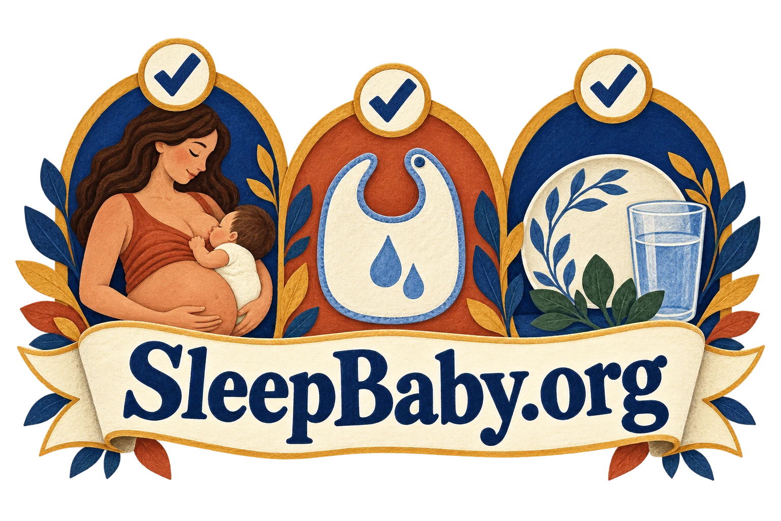 Three illustrated medallions show pregnancy and nursing, child feeding, and parent food and water above a SleepBaby.org ribbon.
