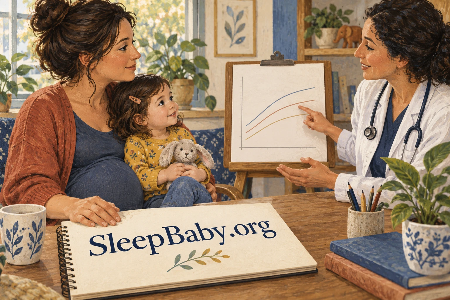 A pregnant parent and child meet a clinician beside a growth chart and SleepBaby.org notebook.