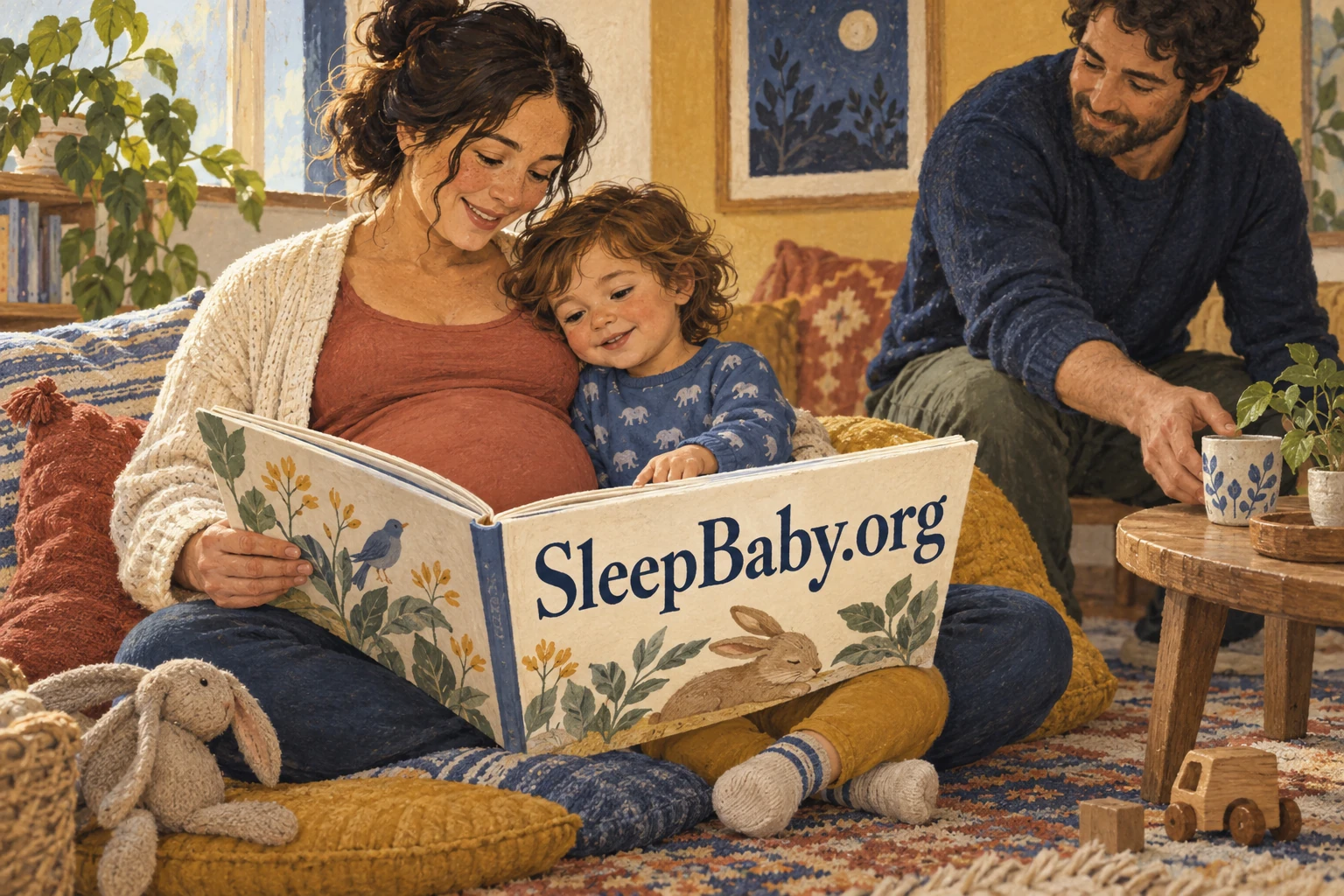 A parent reads a SleepBaby.org book with a toddler while another adult brings a drink.