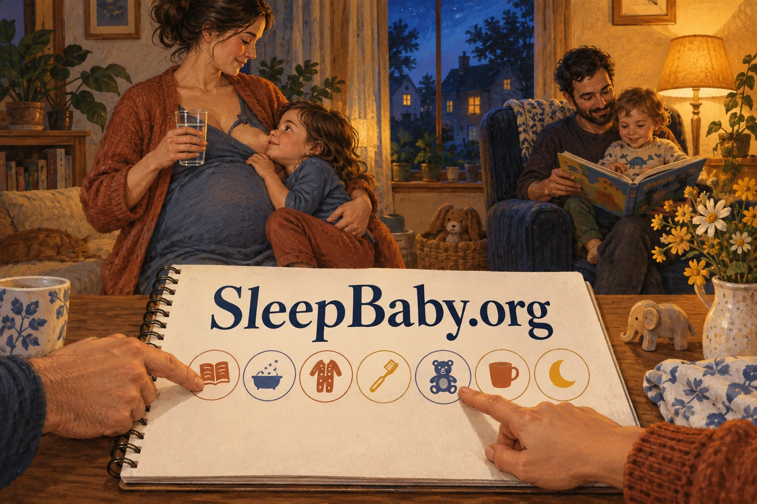A pregnant parent holds one child while another adult reads with a toddler beside a seven-step SleepBaby.org planning notebook.