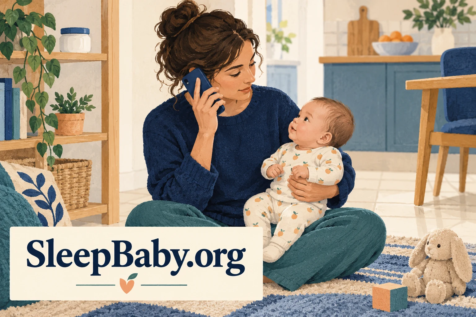 A caregiver holds an awake baby while phoning for advice; a closed cream tub is on a distant shelf. SleepBaby.org appears in the artwork.