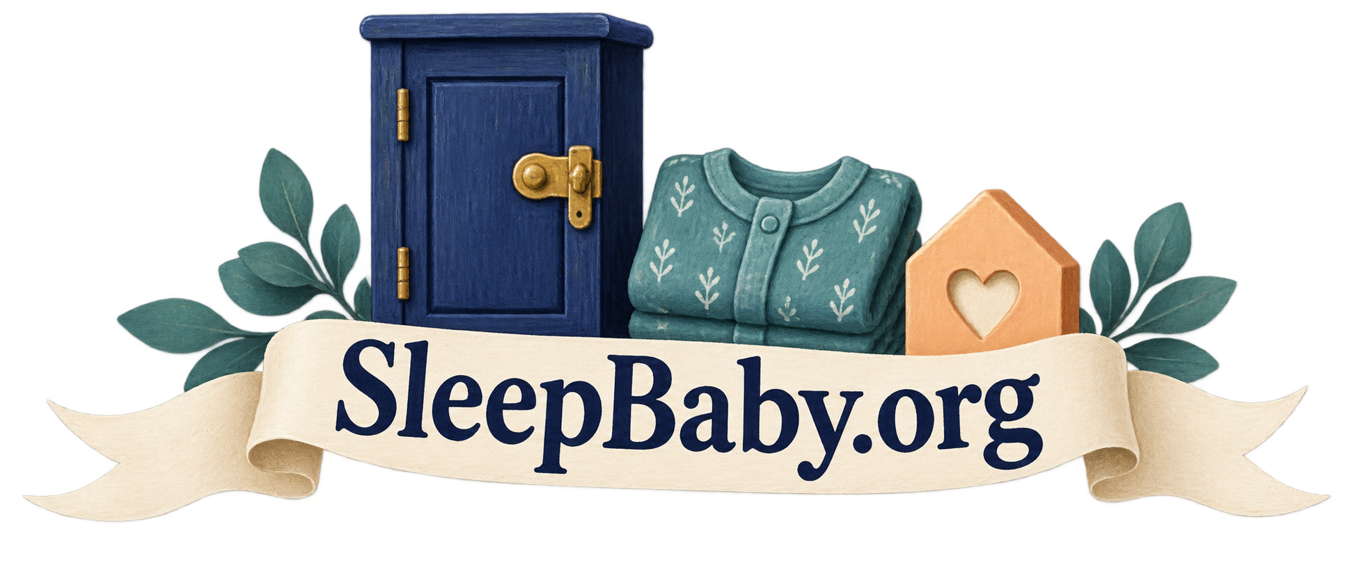 Latched cabinet, folded sleepsuit and wooden house on a transparent background. SleepBaby.org appears in the artwork.