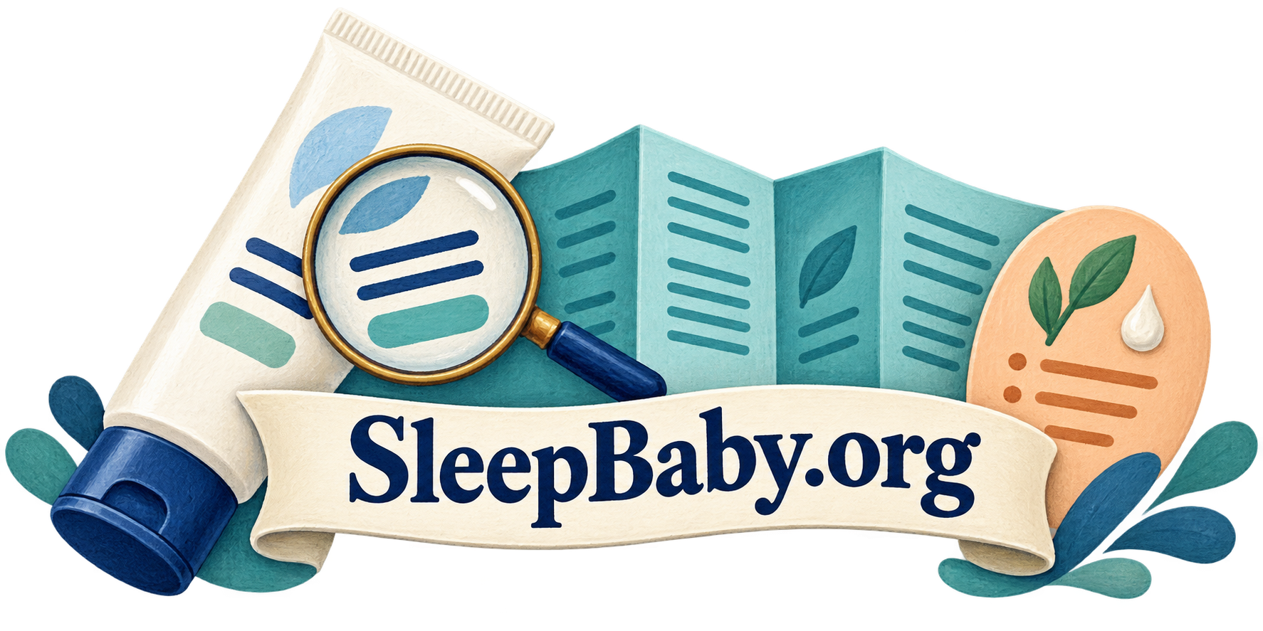 Cream tube, magnifier and folded label leaflet on a transparent background. SleepBaby.org appears in the artwork.