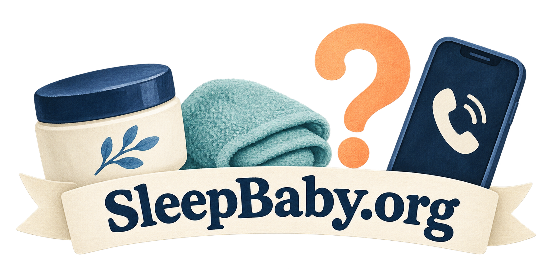 Cream tub, cloth, question mark and phone on a transparent background. SleepBaby.org appears in the artwork.