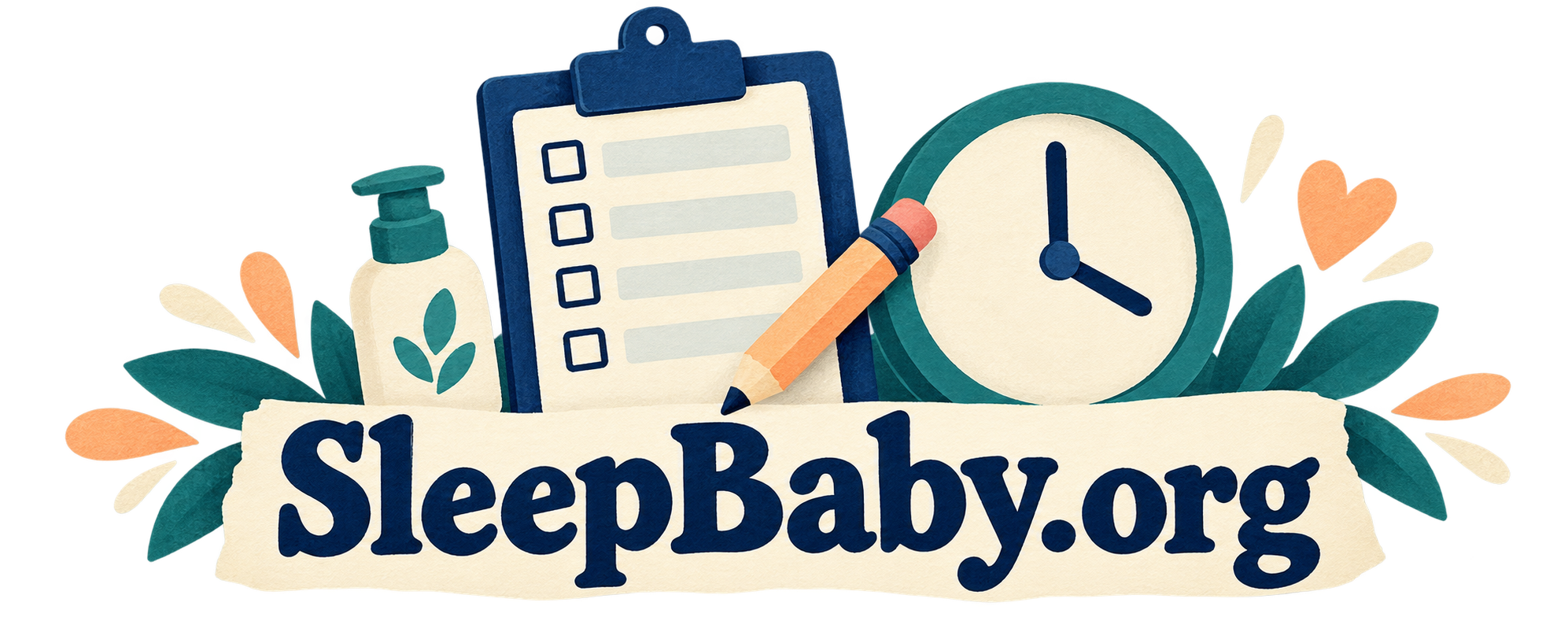 Clipboard, pencil, clock and skincare pump on a transparent background. SleepBaby.org appears in the artwork.