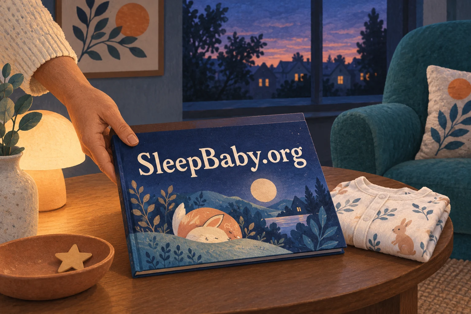 An adult sets a picture book beside a folded sleepsuit in a softly lit evening room. SleepBaby.org appears in the artwork.