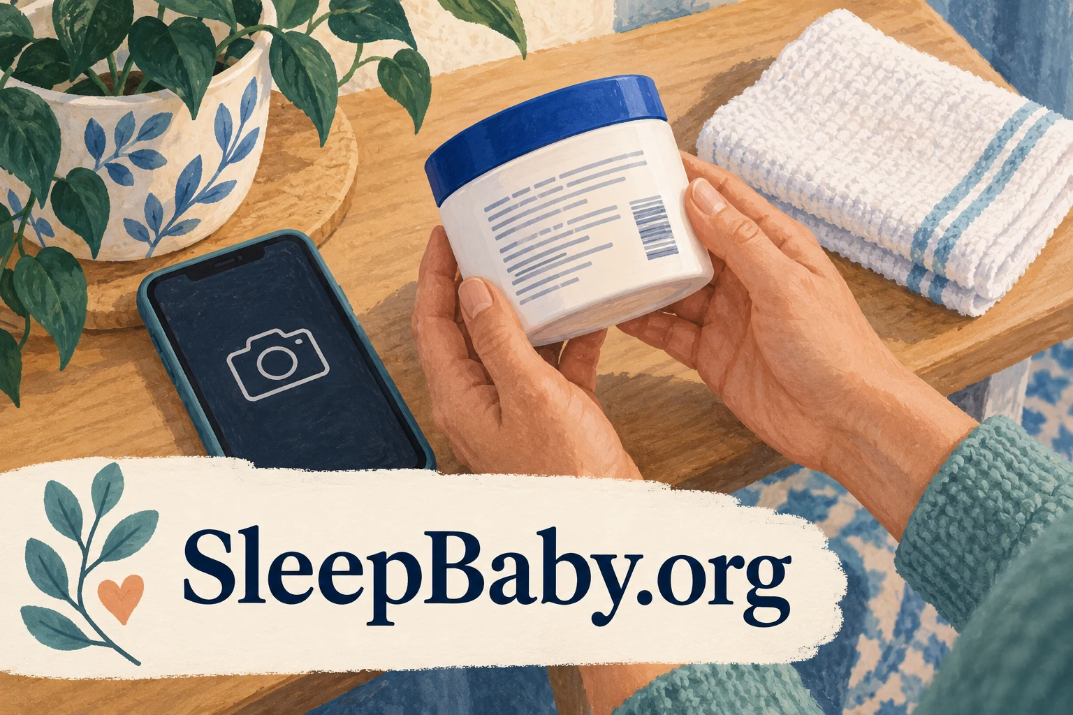 Adult hands turn a moisturiser tub to read its label beside a phone and clean cloth. SleepBaby.org appears in the artwork.