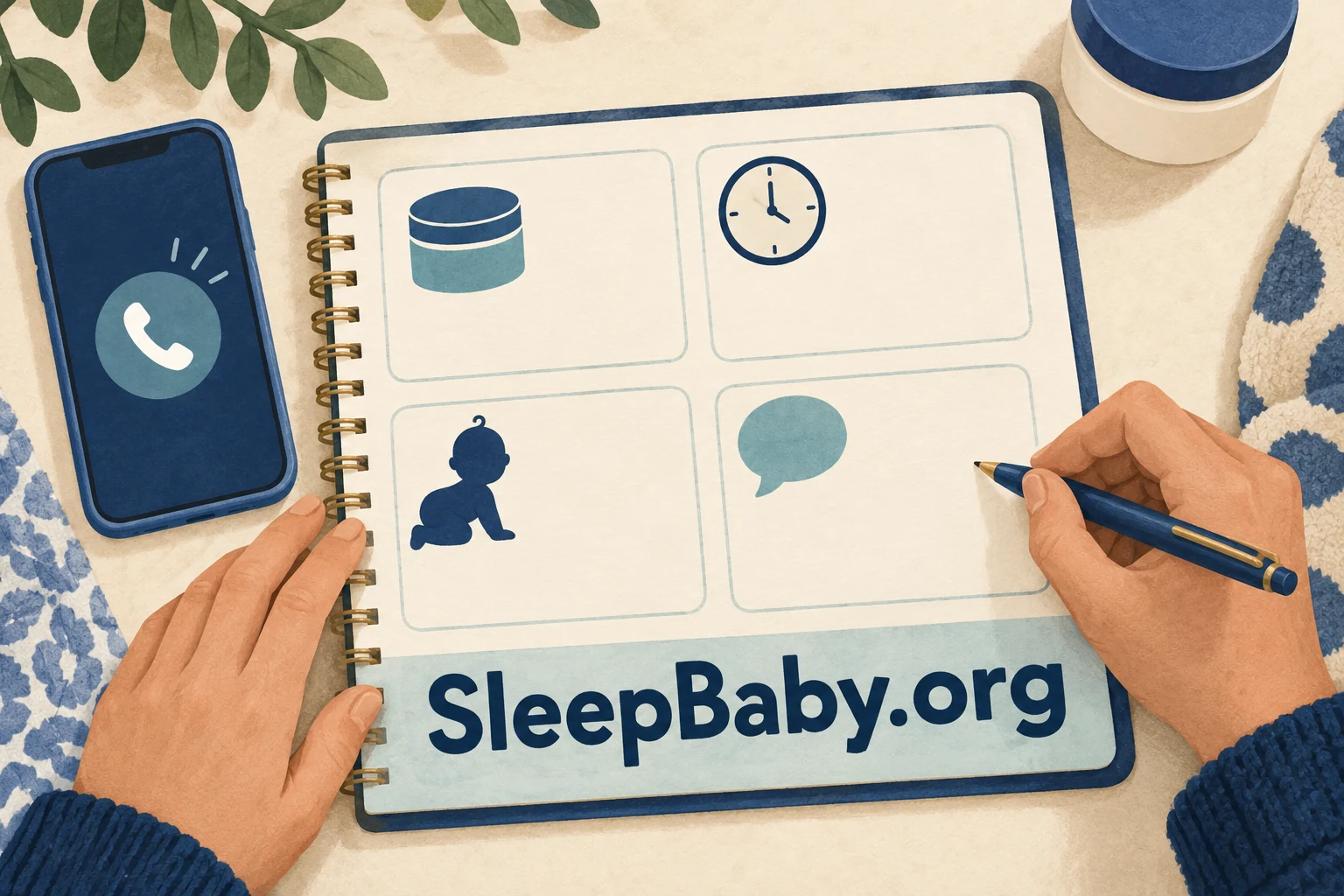 An open notebook with product, time, baby and conversation symbols beside a phone. SleepBaby.org appears in the artwork.
