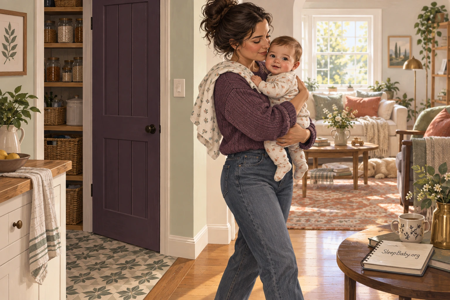 A parent carries an awake baby away from a pantry into a clean sitting room.