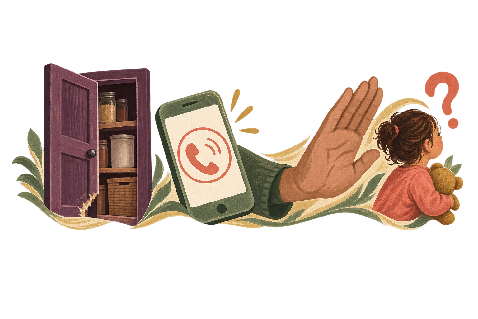 A pantry doorway, phone and protective hand introduce the exposure question.